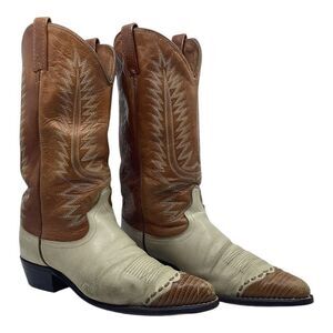Acme Cowboy Boots Mens 9.5D Brown Cream Good‎ Vintage Tri-Tone Lizard Print Toe